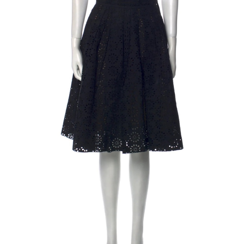 MARC JACOBS black cotton eyelet broderie anglaise pleated midi A-line skirt Med